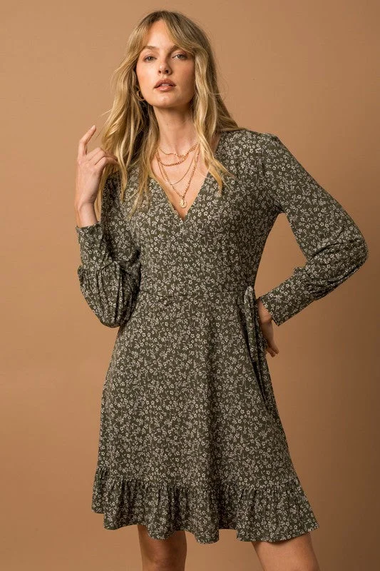 Deal Alert LONG SLEEVE FAUX WRAP RUFFLE HEM DRESS