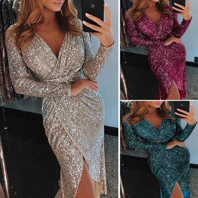 Buy More, Save More Long Sleeve V-Neck Sequin Evening Dress Dress