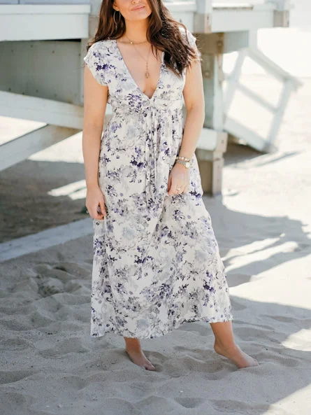 Weekend Flash Sale Purple and Blue Floral Short Sleeve Maxi Dress