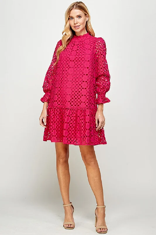 Weekend Deal Magenta Eyelet Long Sleeve Dress