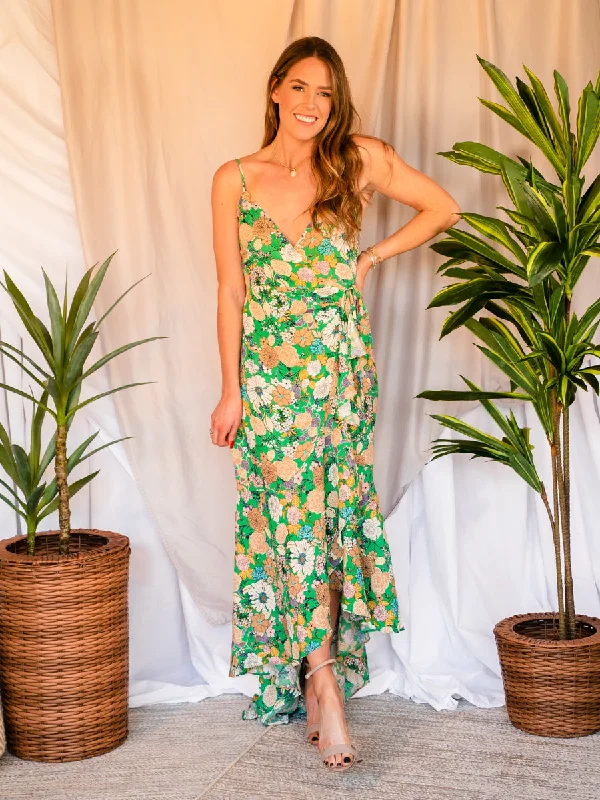 Time-Limited Offer Magnolia Green Floral High to Low Wrap Maxi Dress