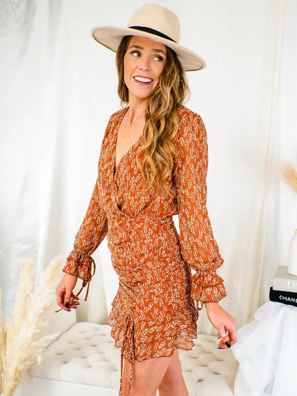 Discount Deals Megan Rust Orange Floral Long Sleeve Dress