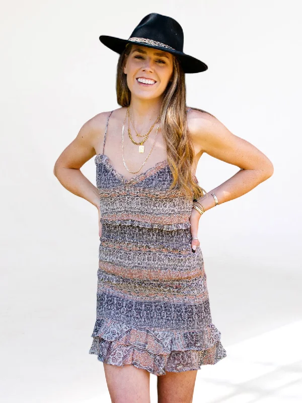 Final Clearance Mosaic Purple and Brown Smocked Mini Dress