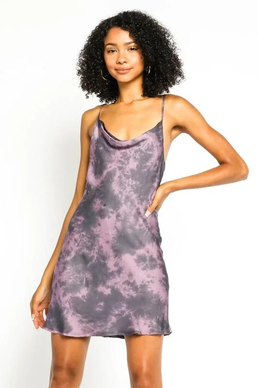 Online Exclusive Keeley Purple Tie Dye Satin Cowl Neck Mini Dress Olivaceous