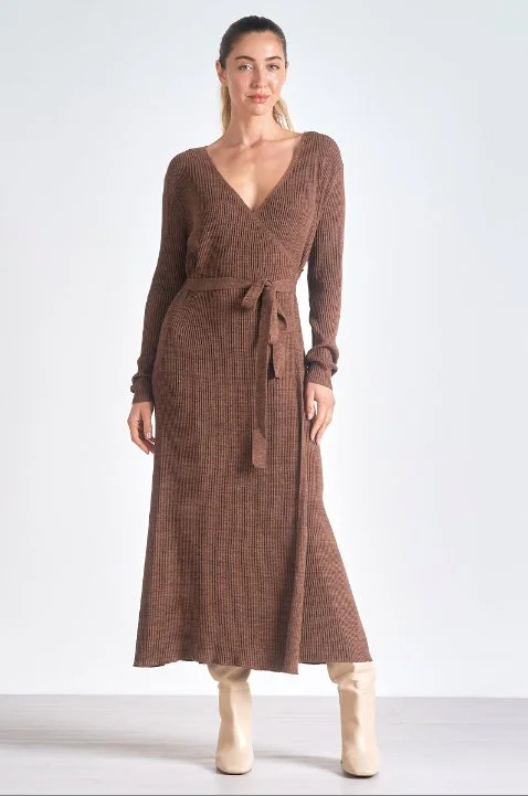 Limited Availability Mocha Ribbed Knit Belted Maxi Dress
