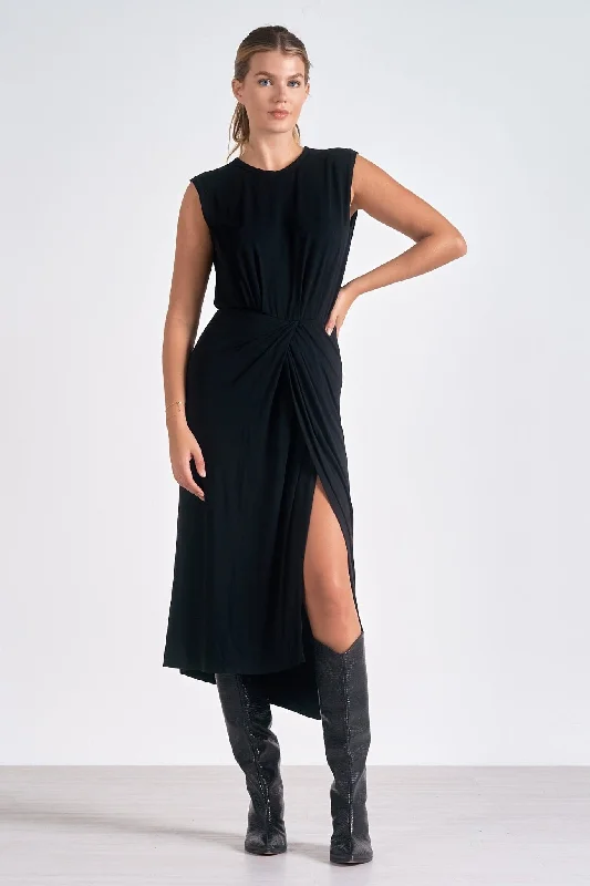 Massive Deals Modal Black Cinch Waist Side Slit Maxi