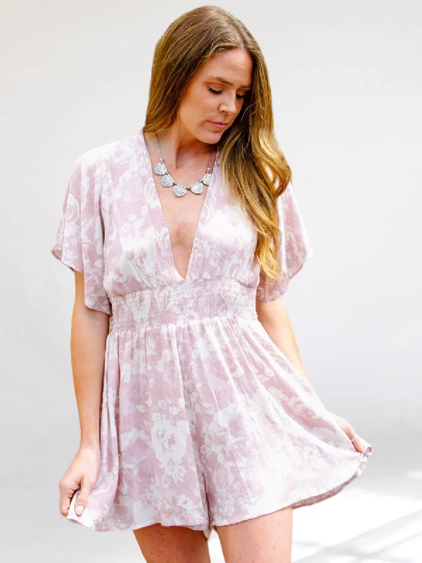 Midnight Madness Molly Mauve Pink Floral Plunging V-neck Romper