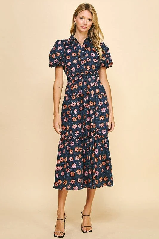 Overstock Navy Floral Poplin Midi Dress