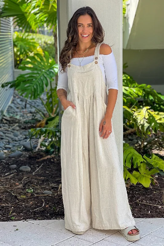 Now or Never Oatmeal Linen Overalls