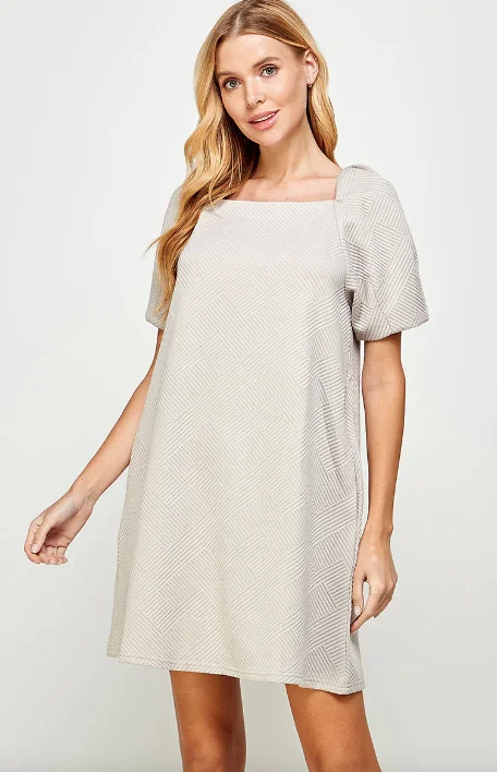 Deal Dash Oatmeal Textured Puff Sleeve Dress