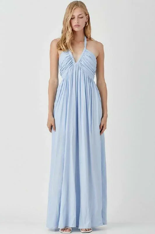 Instant Discount Olivia Misty Blue Halter Maxi Dress