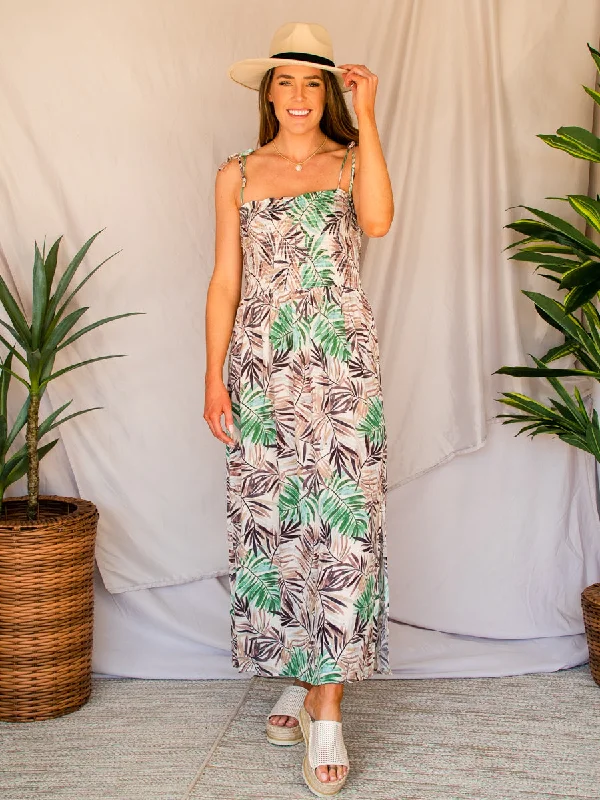 Exclusive Savings Palm Tree Green and Brown Tropical Maxi Dress