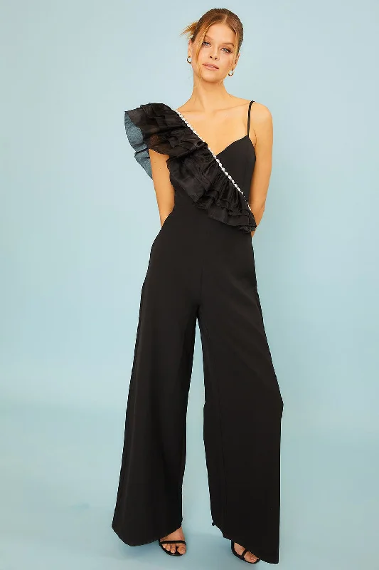 Super Sale Pearl Ruffle Trim Black Jumpsuit