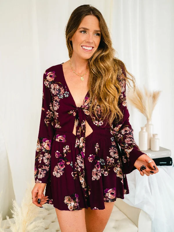 Crazy Deals Plum Purple Deep V Long Sleeve Floral Romper