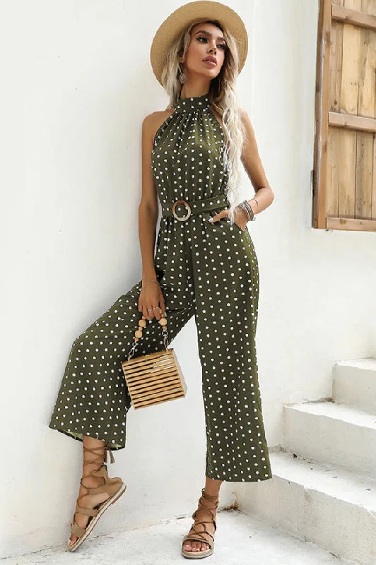 Today’s Deal Polka Dots Print Funnel Neck Belted Jumpsuit