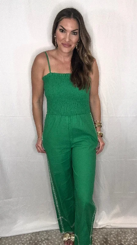 Savings Galore Queen of the Green Smocked Jumpsuit