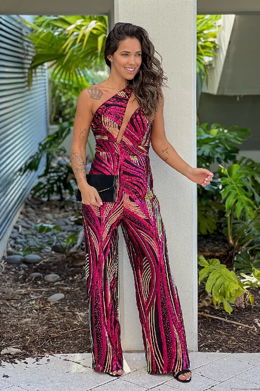 Special Discount Raspberry Sequin Asymmetric Top Jumpsuit