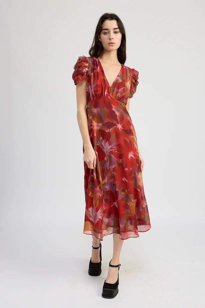 Major Savings Red Floral Gathered Front Midi Dress