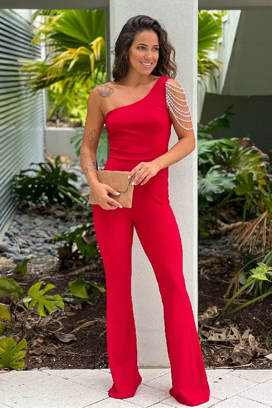 Price Drop Red One Shoulder Jumpsuit With Faux Pearl Detail