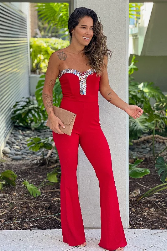 Sale Event Red Strapless Jumpsuit With Details
