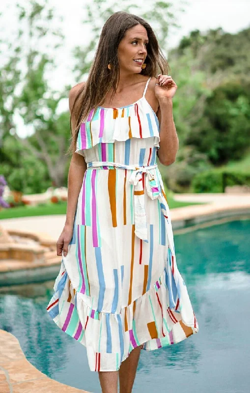 Price Reduction Abstract Rainbow Ruffle Midi Sundress