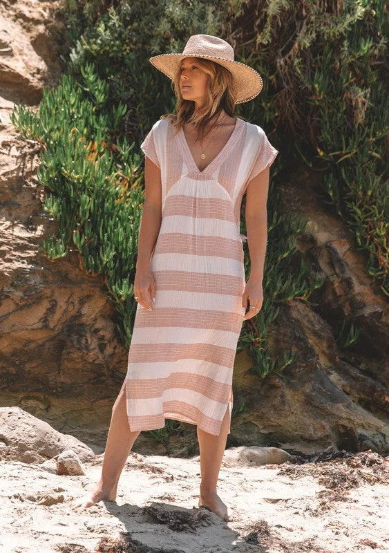 Price Smash Seaside Red and White Striped Midi Linen Dress