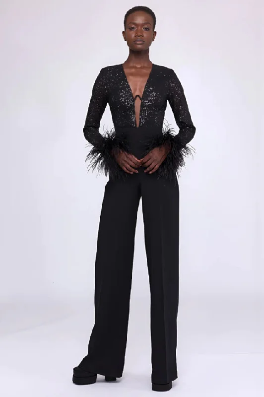 Discount Deals Sequin Feather-Trim Cuff Jumpsuit