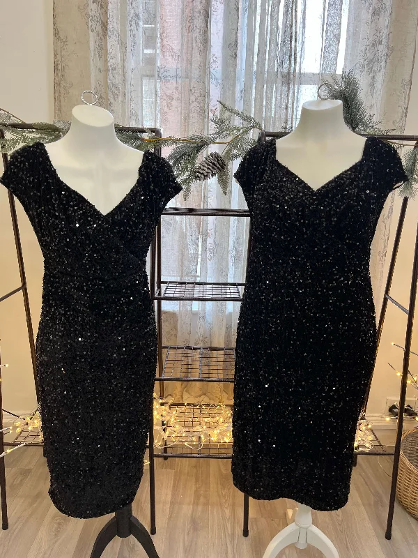 Season Finale Sale Sequin Tie Waist Mid Length Black Dress