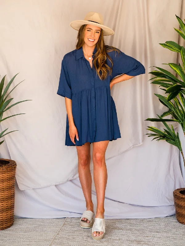 Grand Opening Sale Smooth Sailing Navy Blue Short Sleeve Swing Dress