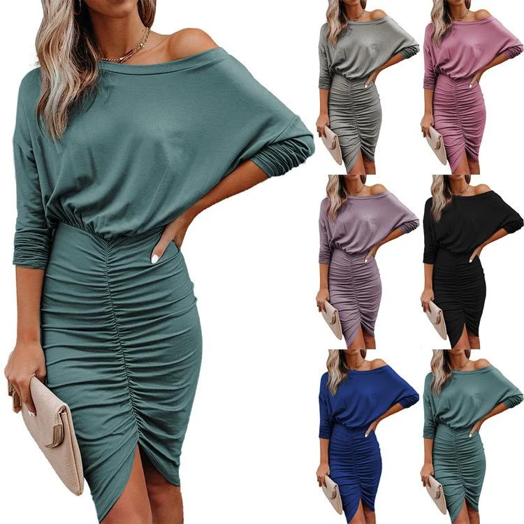 Epic Deals Solid color sexy sloping shoulder slim pleated hip dress