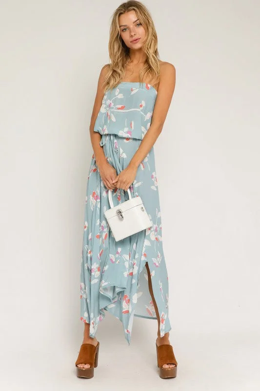 Bargain Bin Blue Floral Strapless Midi Dress