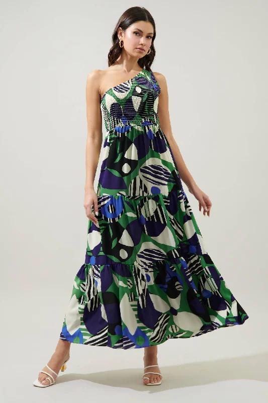 Weekend Special Xandria Geometric Smocked One Shoulder Lys Maxi Dress