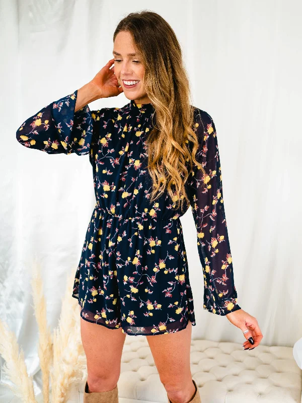Price Reduction Sweet Yellow Floral Navy Romper