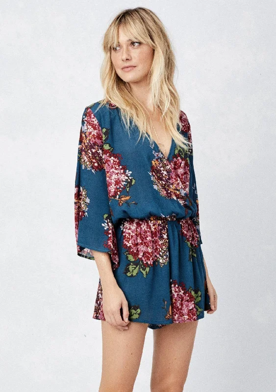 Fantastic Offers Teal Rose Quarter Sleeve Boho Romper