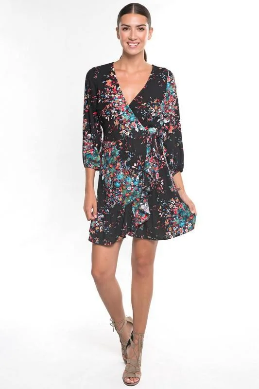 Amazing Deals Black Lovestitch Floral Quarter Sleeve Wrap Around Dress