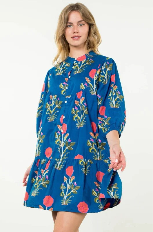 Deal of the Day Blue Jean Baby Mid Sleeve Floral Print Dress-THML