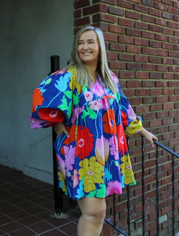 Inventory Reduction Sandy Blue Floral Puff Sleeve Dress