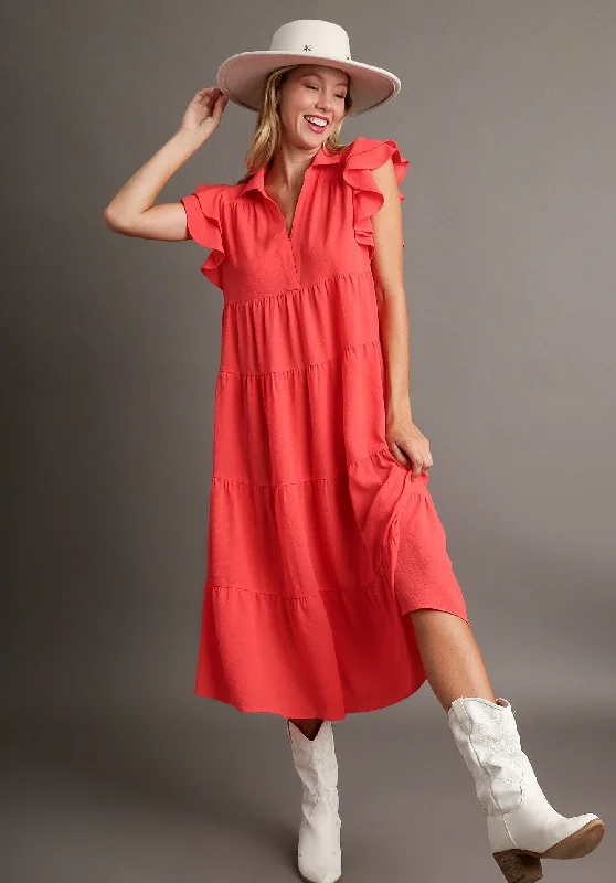 Mega Deal UMGEE A Line Tiered Ruffle Sleeve Midi Dress Coral Pink